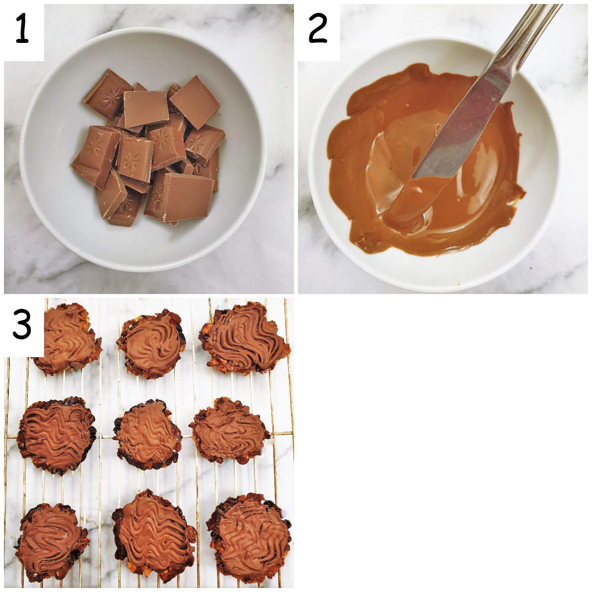 Steps for coating the florentines with chocolate.