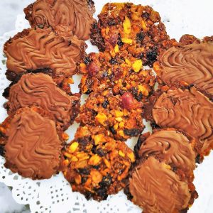 Close up of chocolate coated florentines.