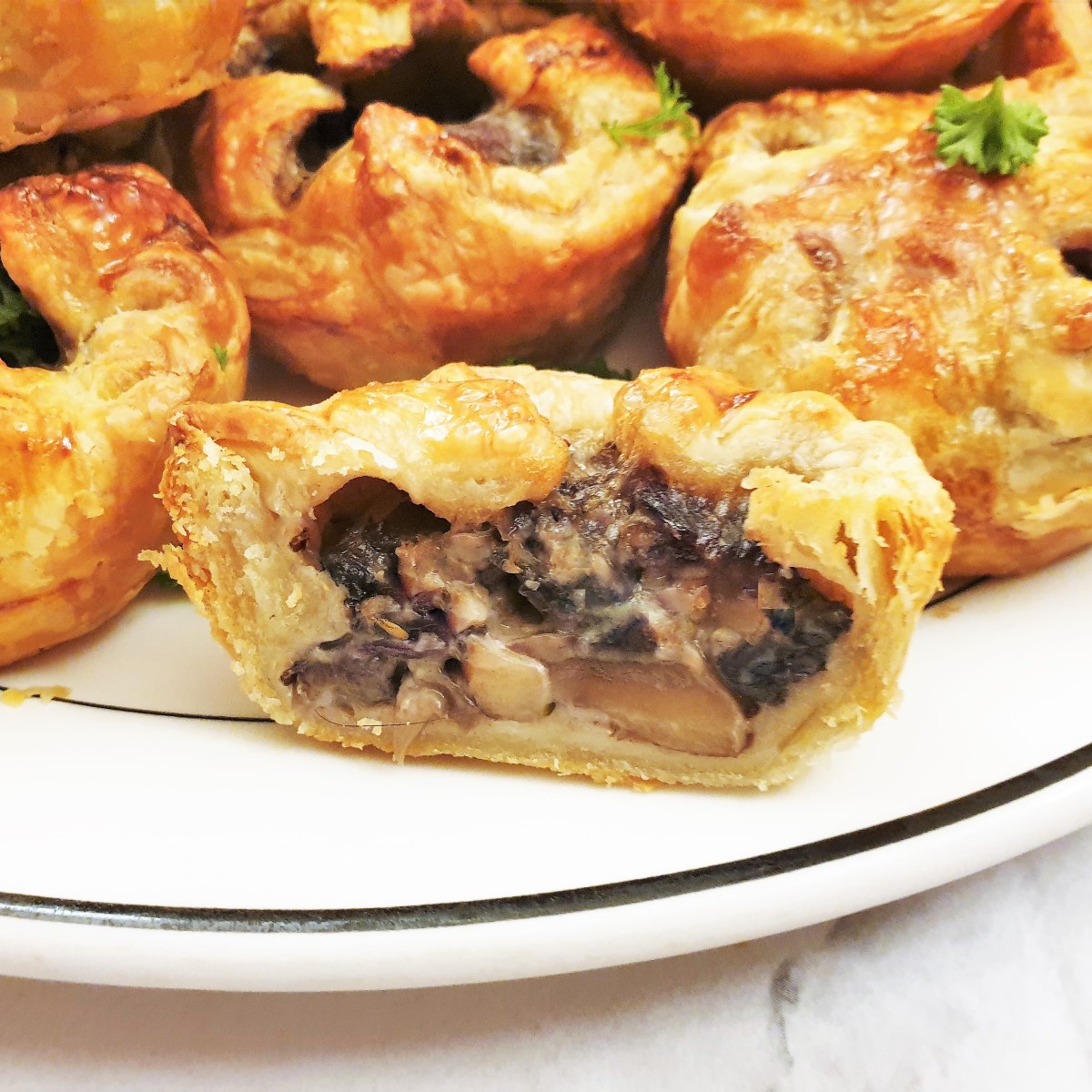 Close up of the inside of a mushroom tart.