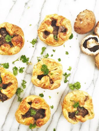 Overhead shot of 6 mushroom tarts.