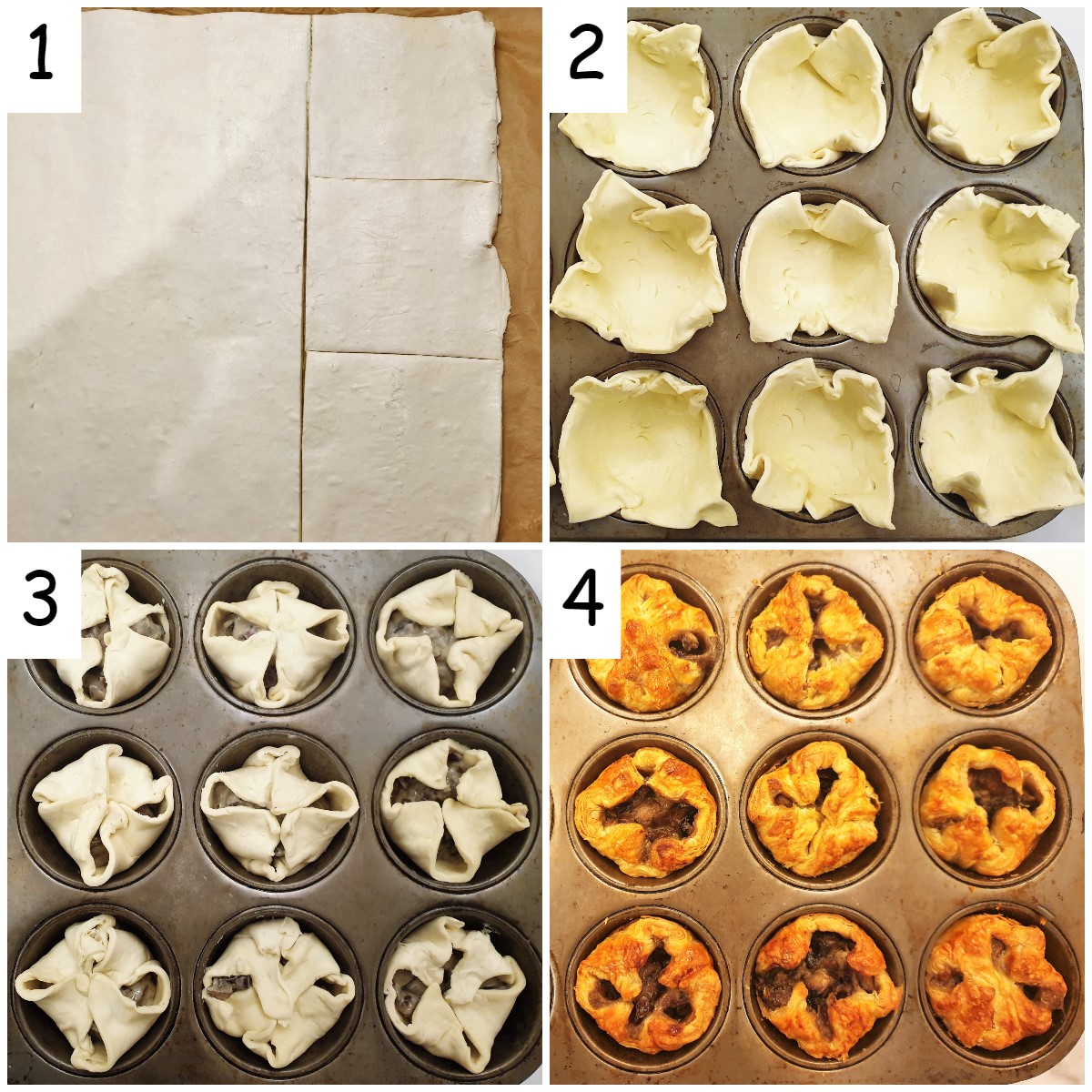 Steps for assembling and baking the mushroom tarts.