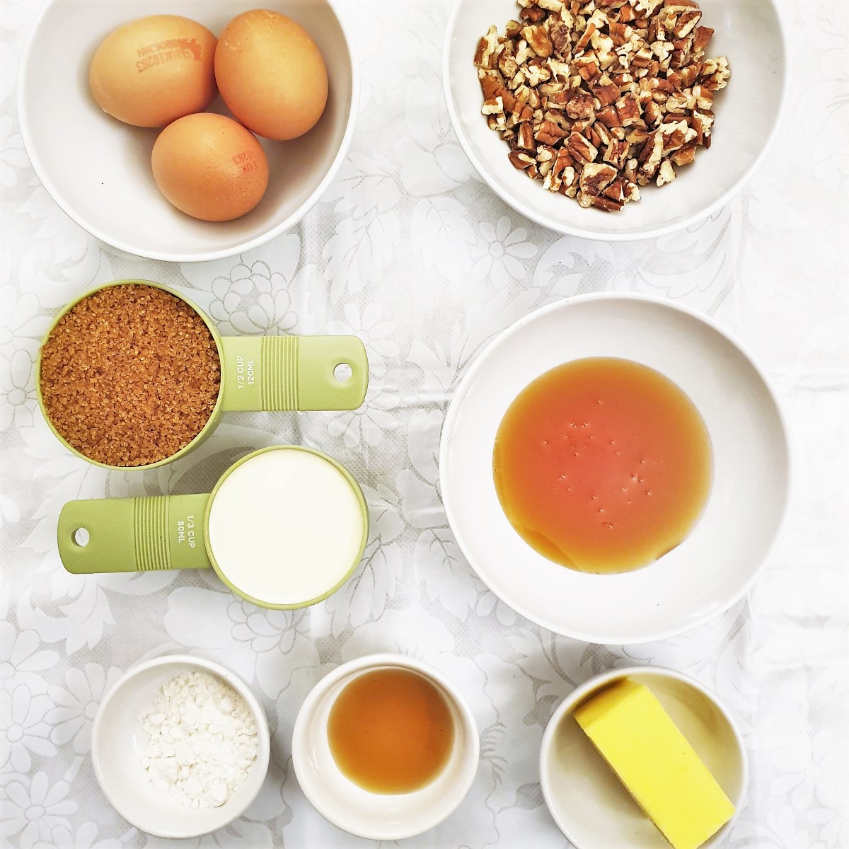 Ingredients for pecan nut pie.