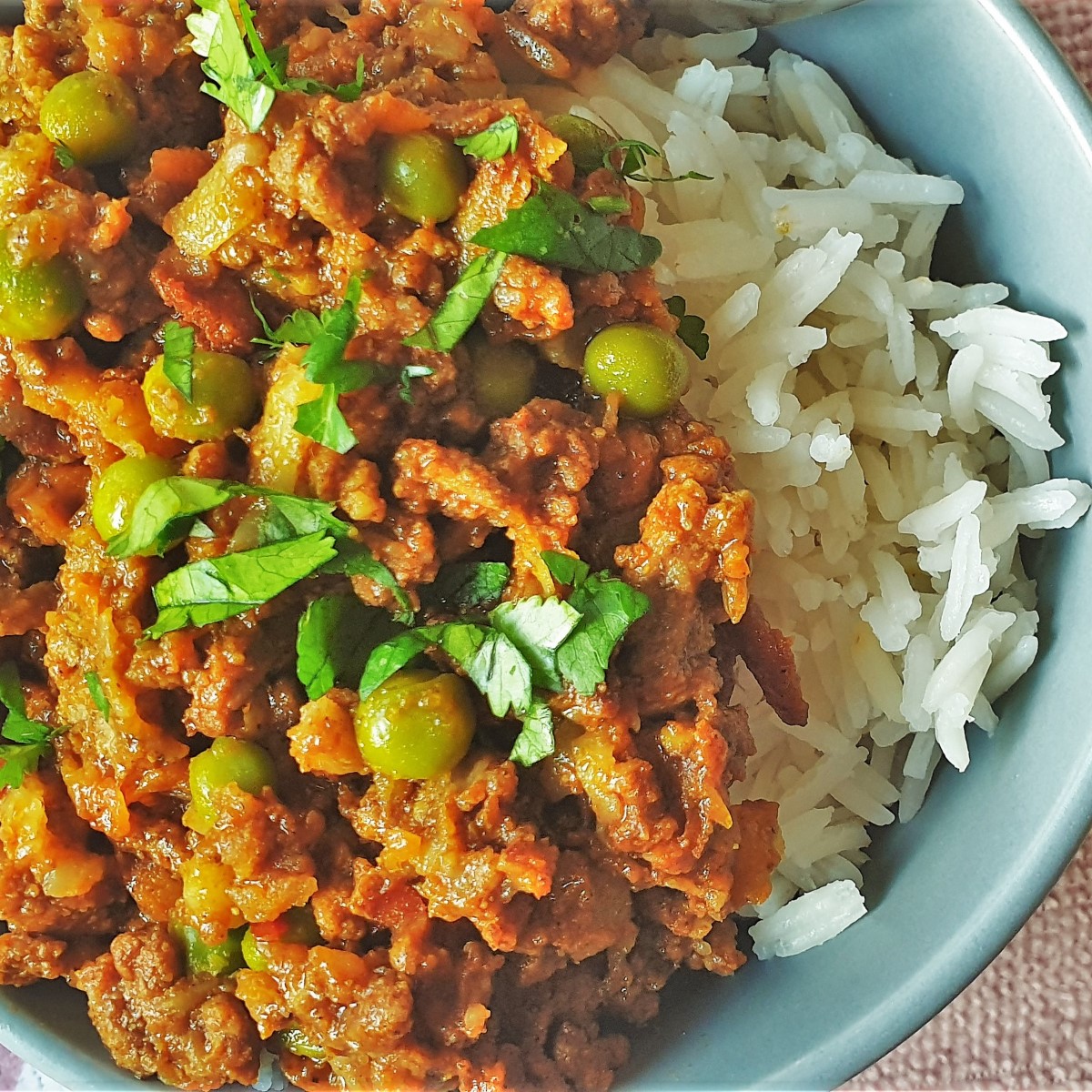 Close up of spicy beef curry and rice.