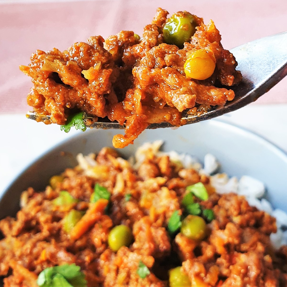 A forkful of beef curry being lifted from the dish.