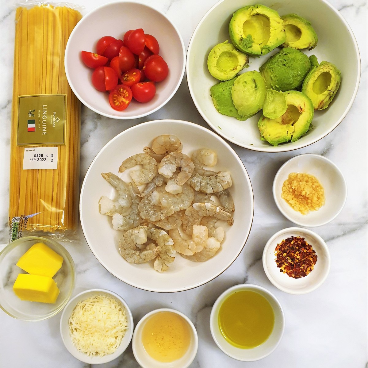 Ingredients for avocado and shrimp linguine.