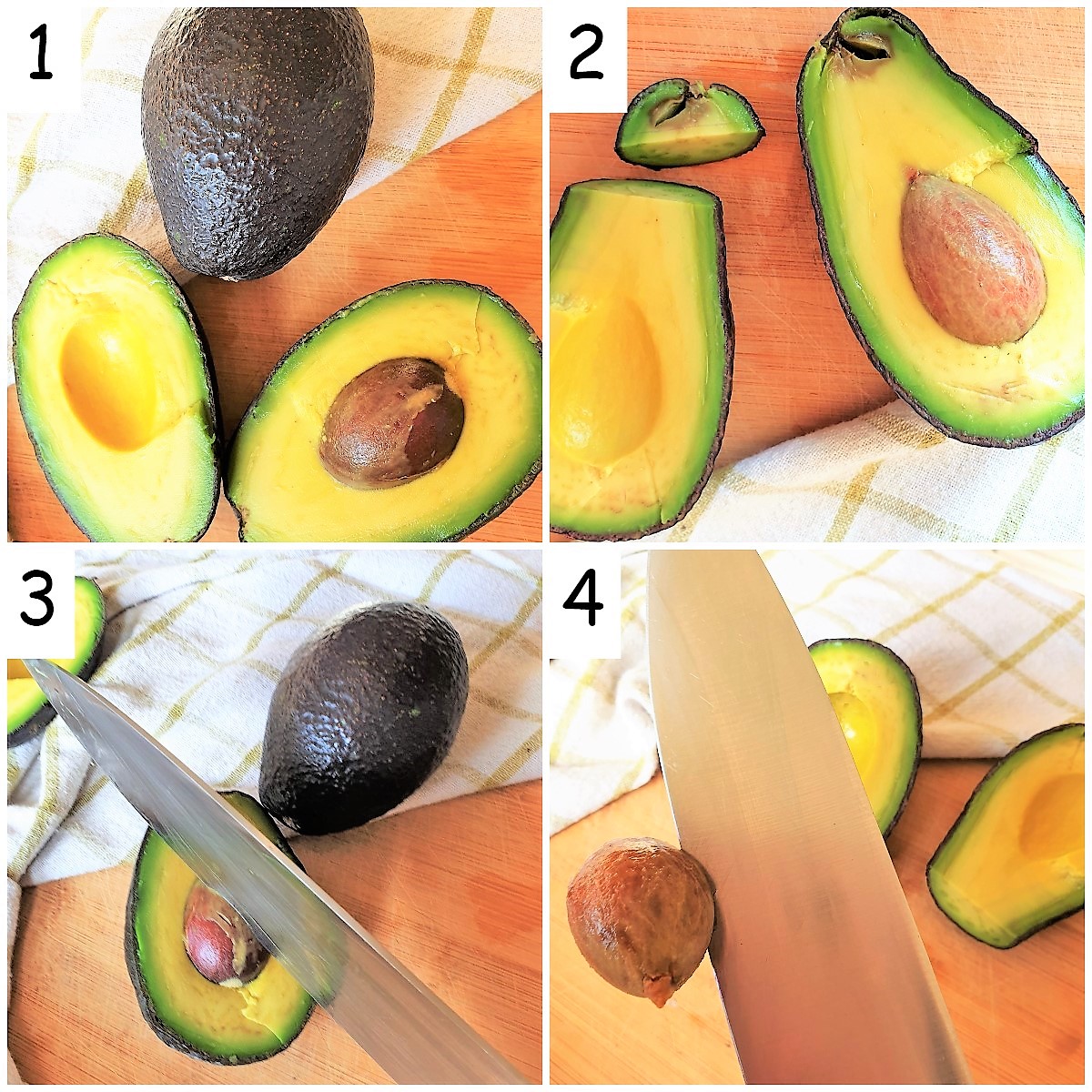 Steps for cutting an avocado and removing the stone.