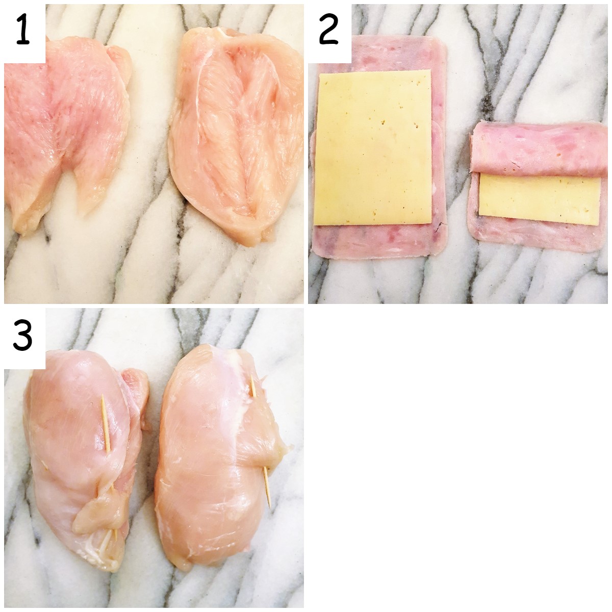 Steps for stuffing the chicken with ham and cheese.