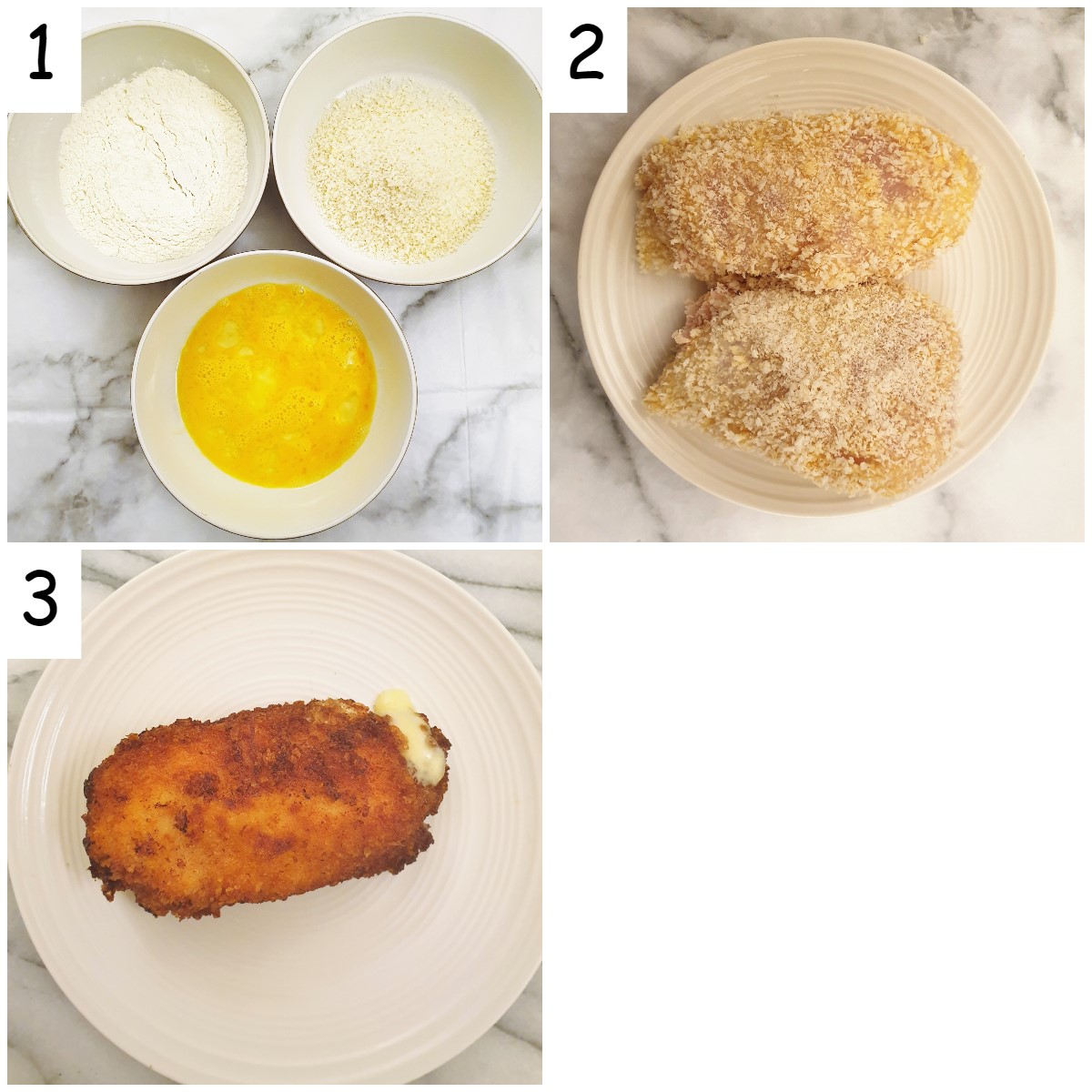 Steps for coating and frying the chicken.