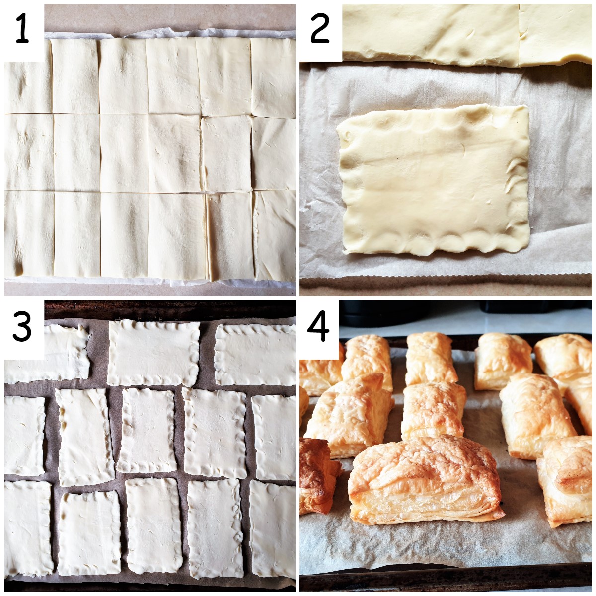 Steps for baking the puff pastry for custard slices.