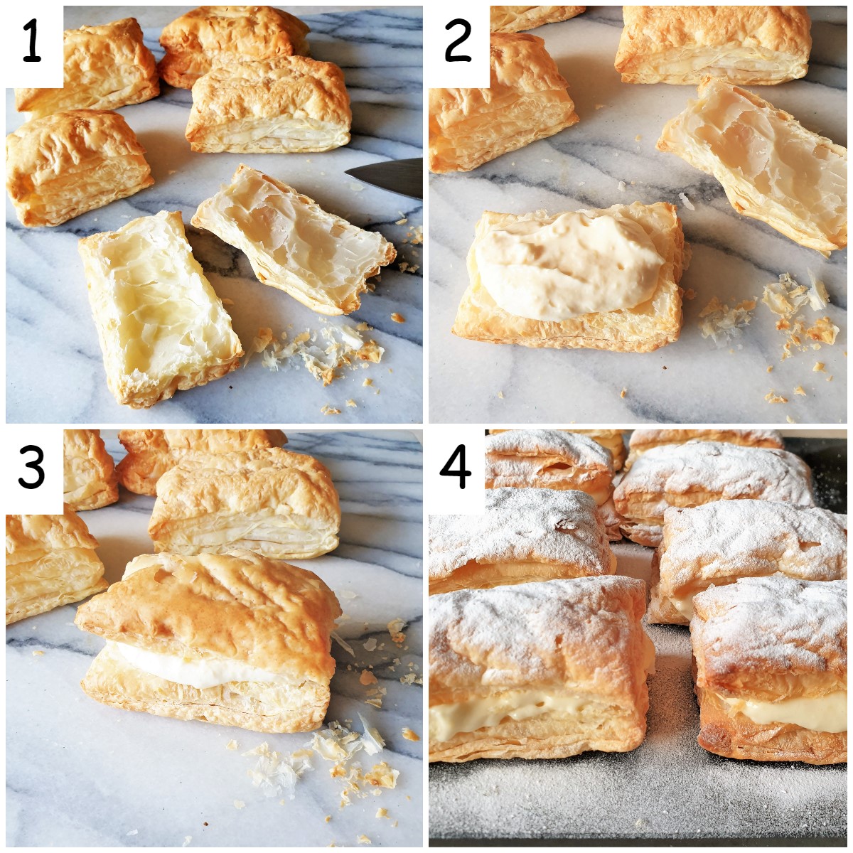 Steps for filling a custard slice with creme patissiere.