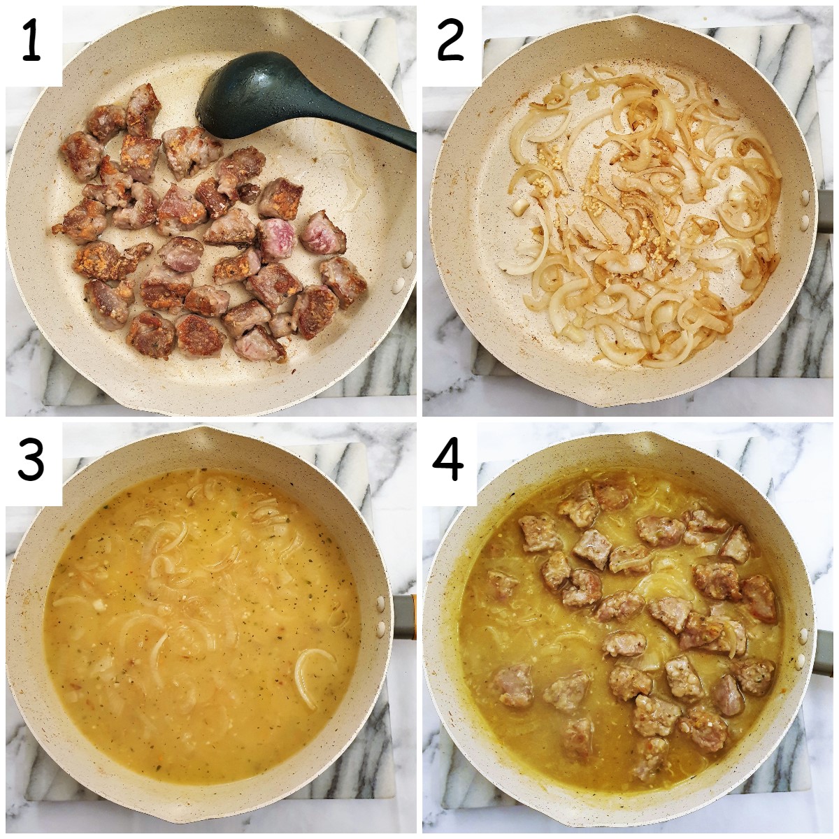 Steps for making pan-fried pork with pears and caramelized onions.