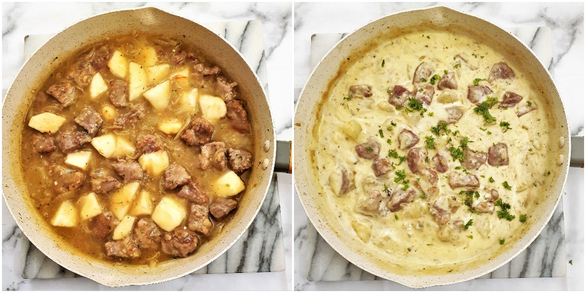 Pan-fried pork in a pan with pears, and a second image showing the addition of cream.