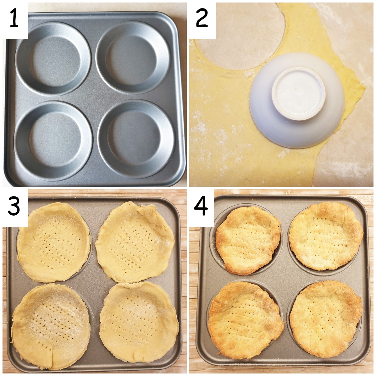 Steps for cutting the pastry and lining the baking pan.