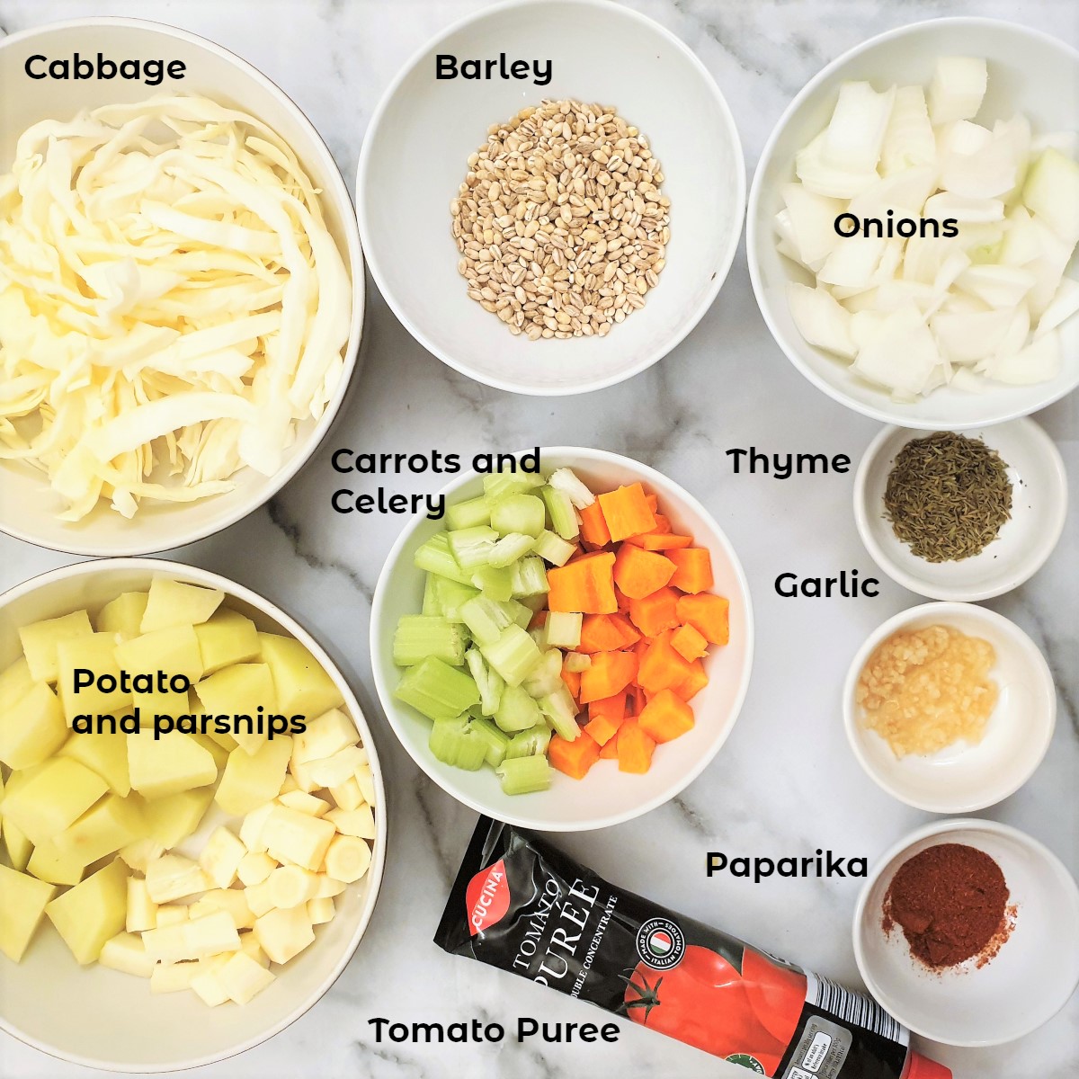 Ingredients for beef and barley stew.