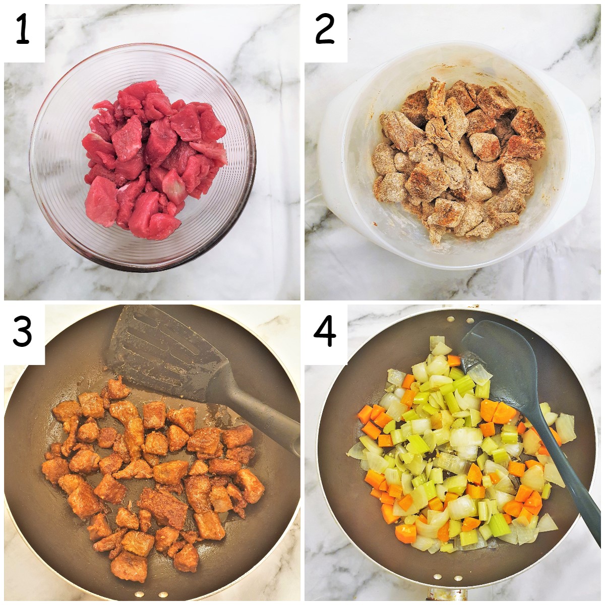 Steps for browning the meat and vegetables