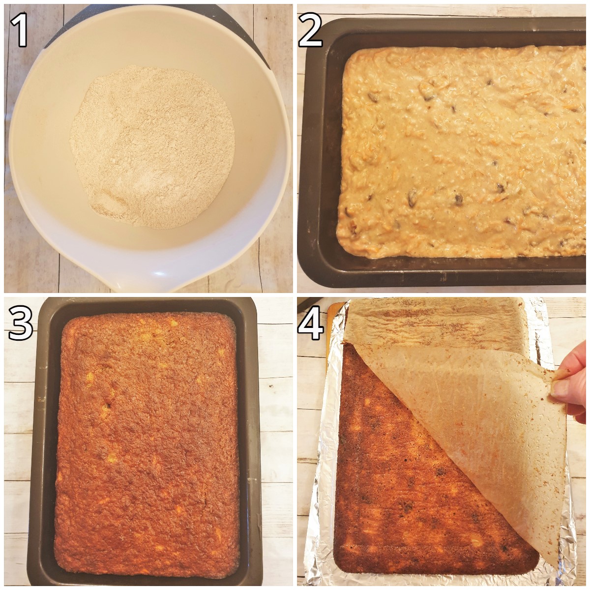 Steps for baking the cake and removing the baking parchment.