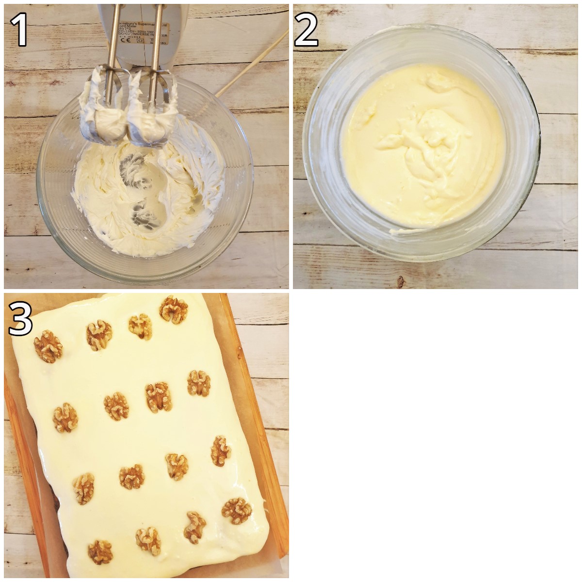 Steps for making the frosting and decorating the cake.