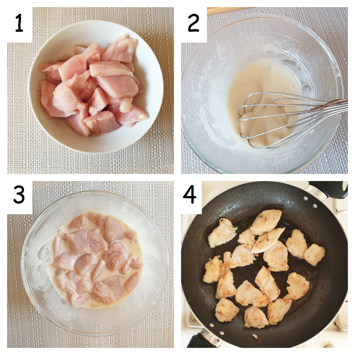 Steps for making batter and for frying the sesame chicken.