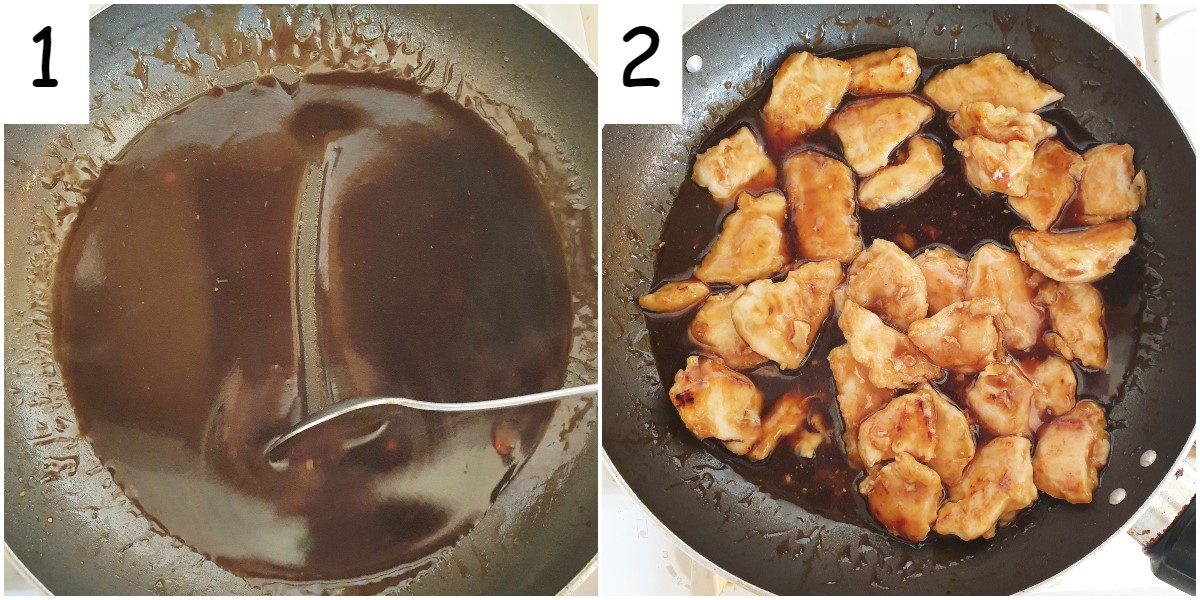 Steps for making the sauce and coating the chicken.