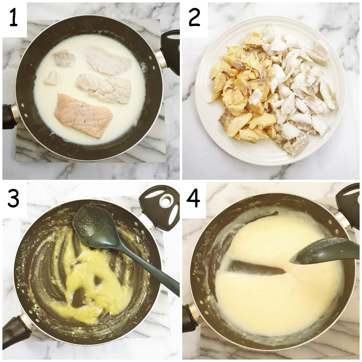 Steps for poaching the fish and making the sauce.