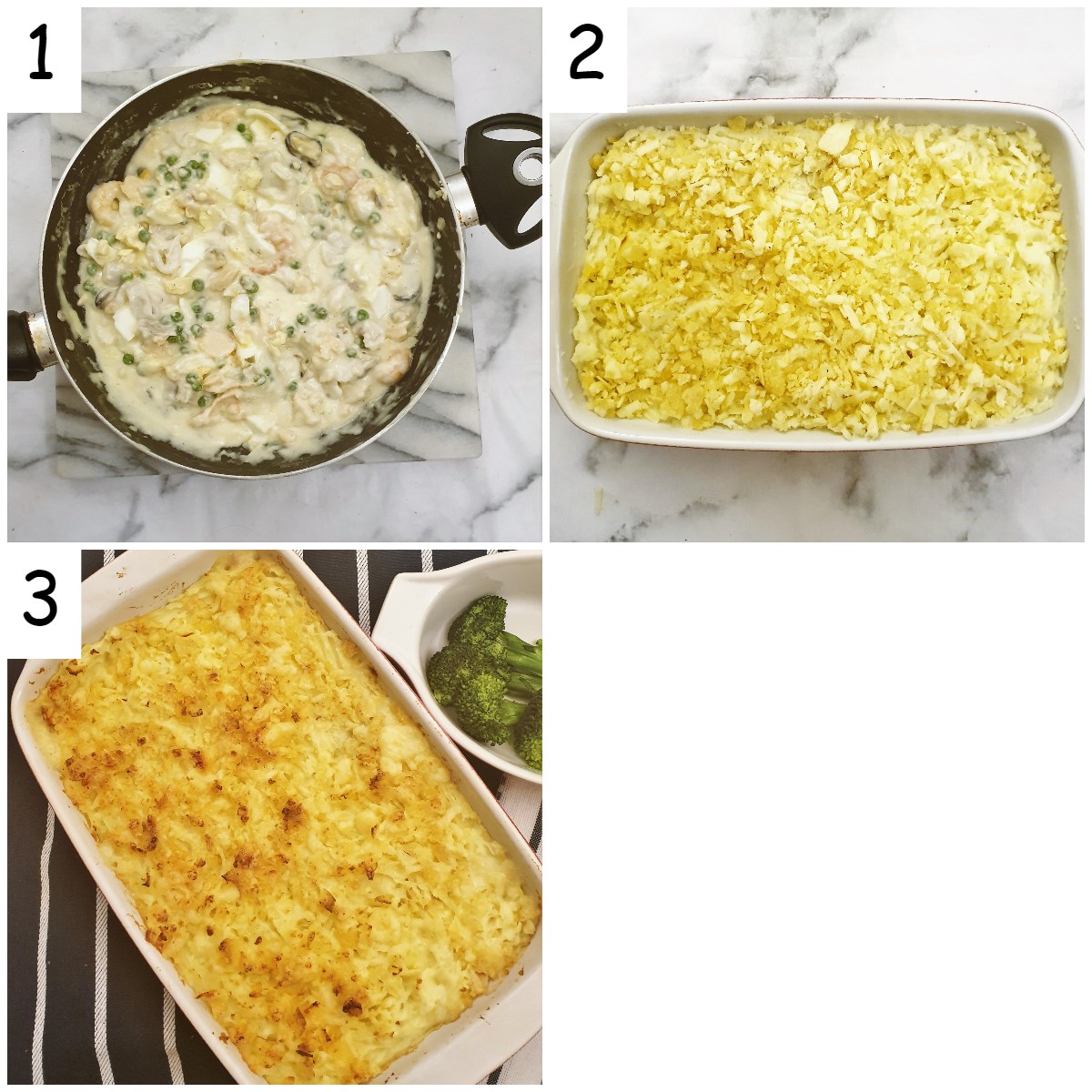 Steps for assembling fish pie.