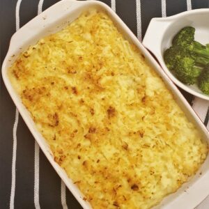 A fish pie, with a perfectly browned crispy topping.