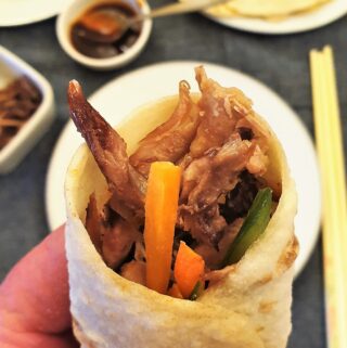 A crispy hoisin duck pancake.
