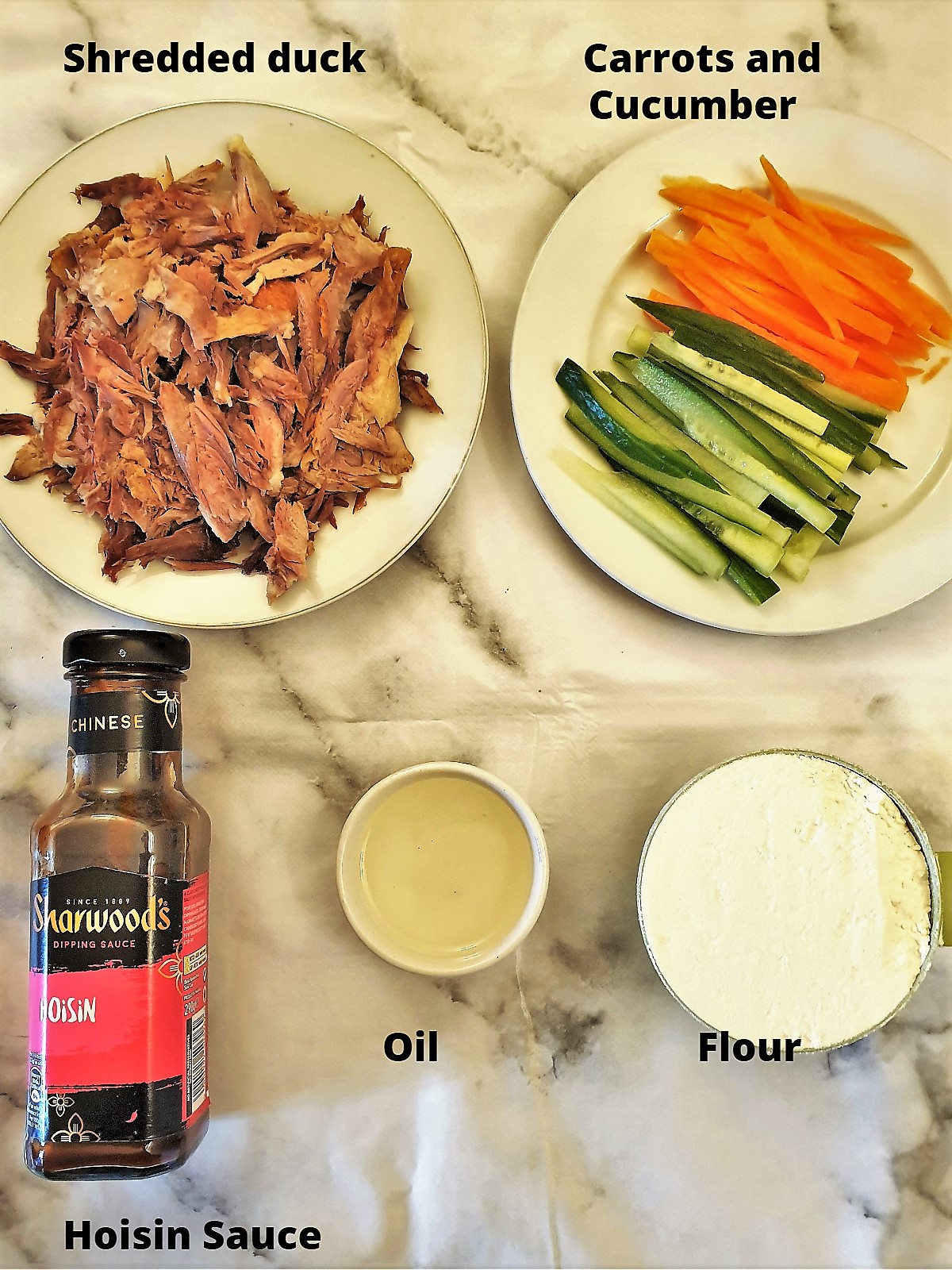 Ingredients for crispy hoisin duck pancakes