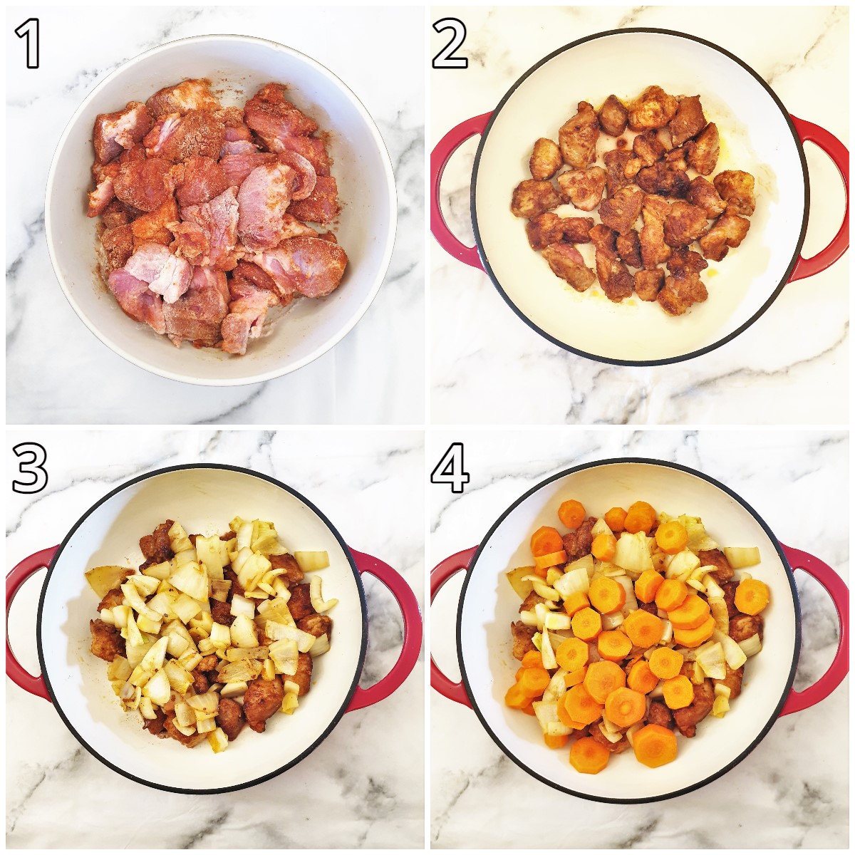 Steps for browning the meat and adding the onions and carrots.