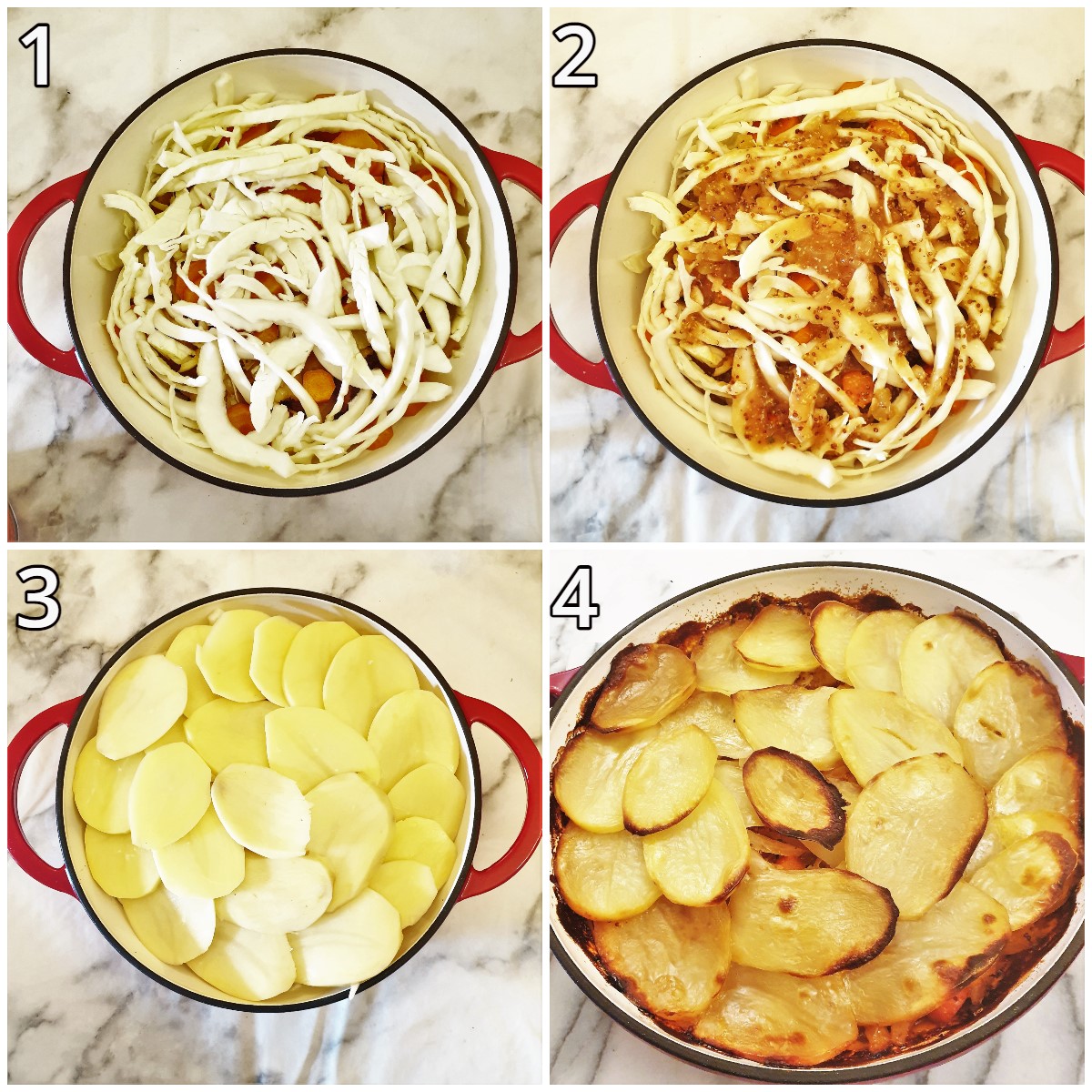 Steps for adding the cabbage and gravy and covering with sliced potatoes.