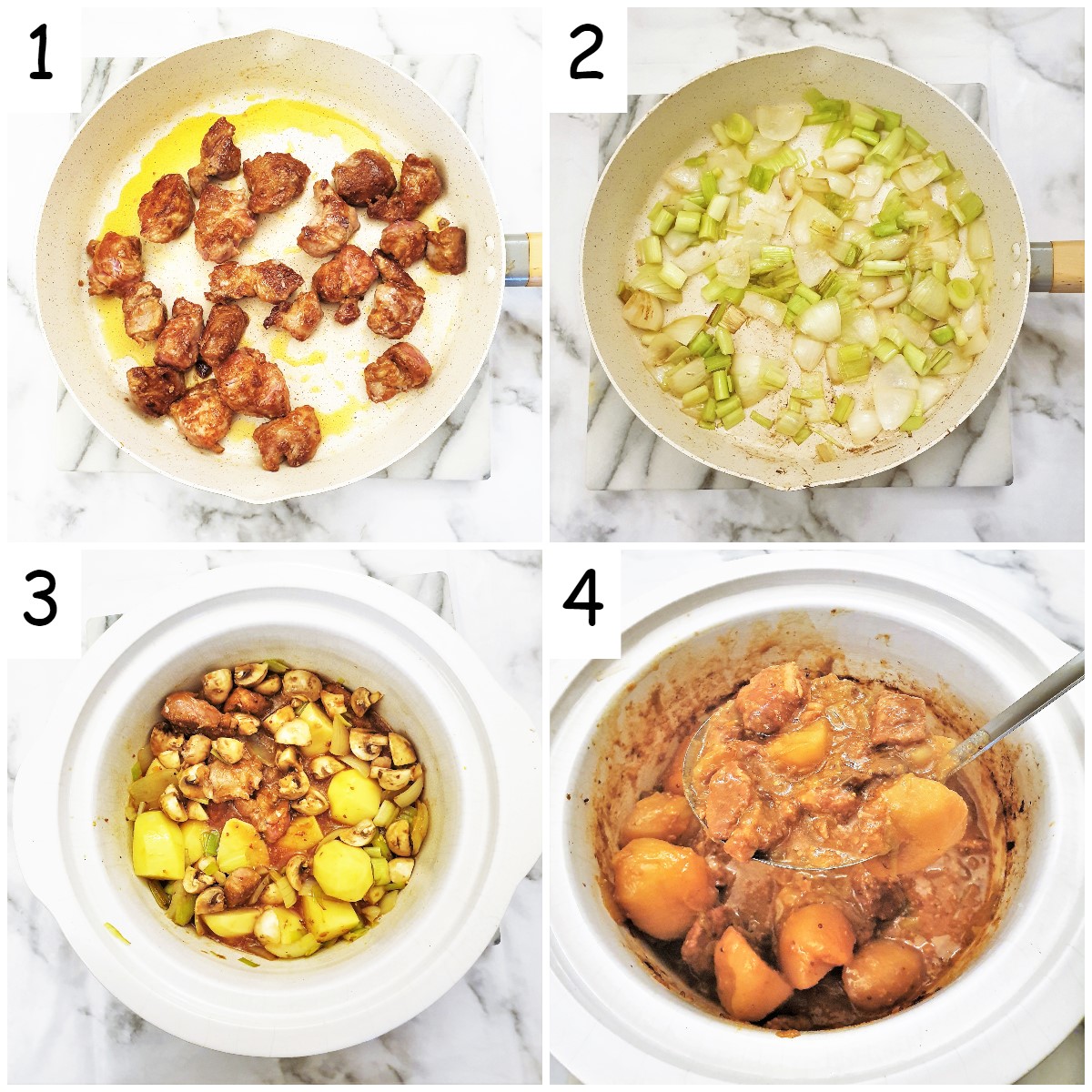 Steps for making slow-cooker pork casserole.