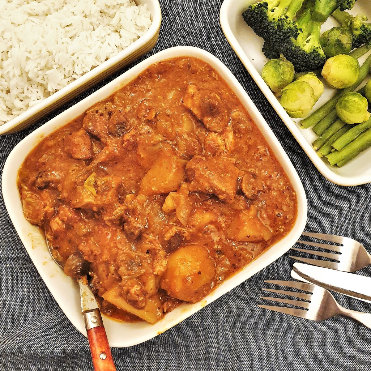 Honey mustard pork casserole in a serving dish.