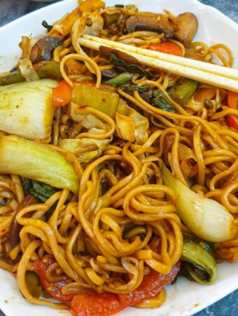 A dish of vegetable lo mein.