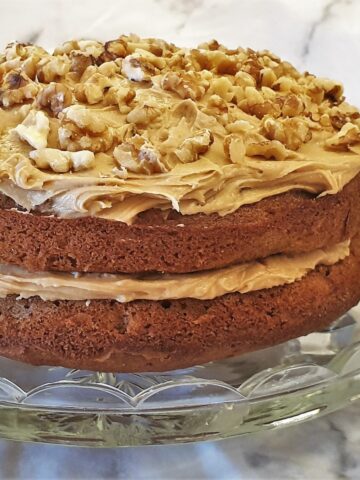 Closeup of a coffee walnut cake.