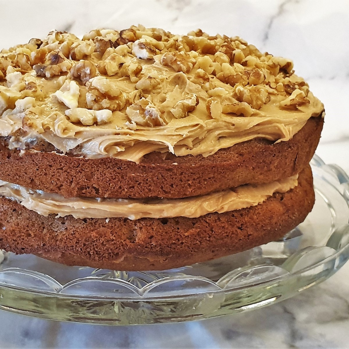 Closeup of a coffee walnut cake.