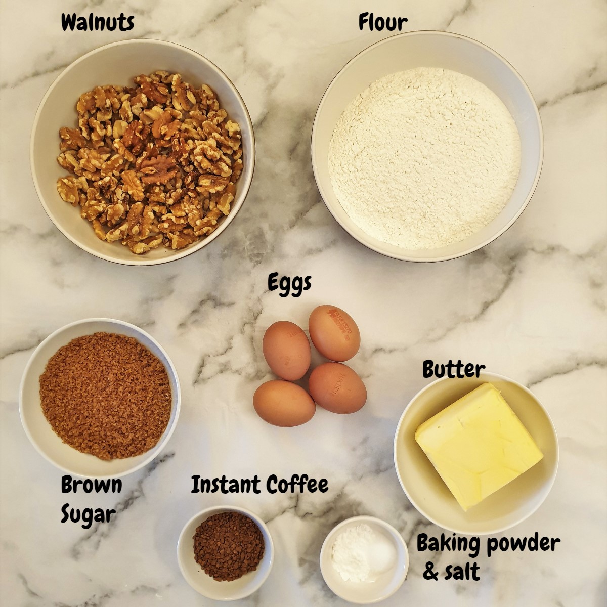 Ingredients for coffee walnut cake.