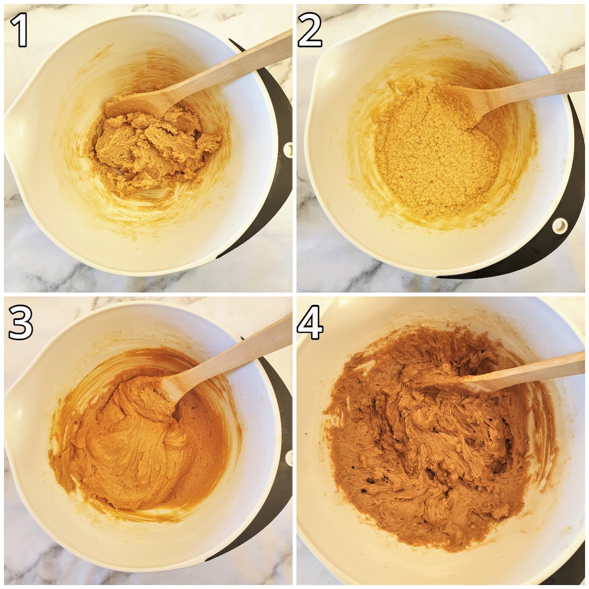 Steps for mixing the coffee walnut cake.