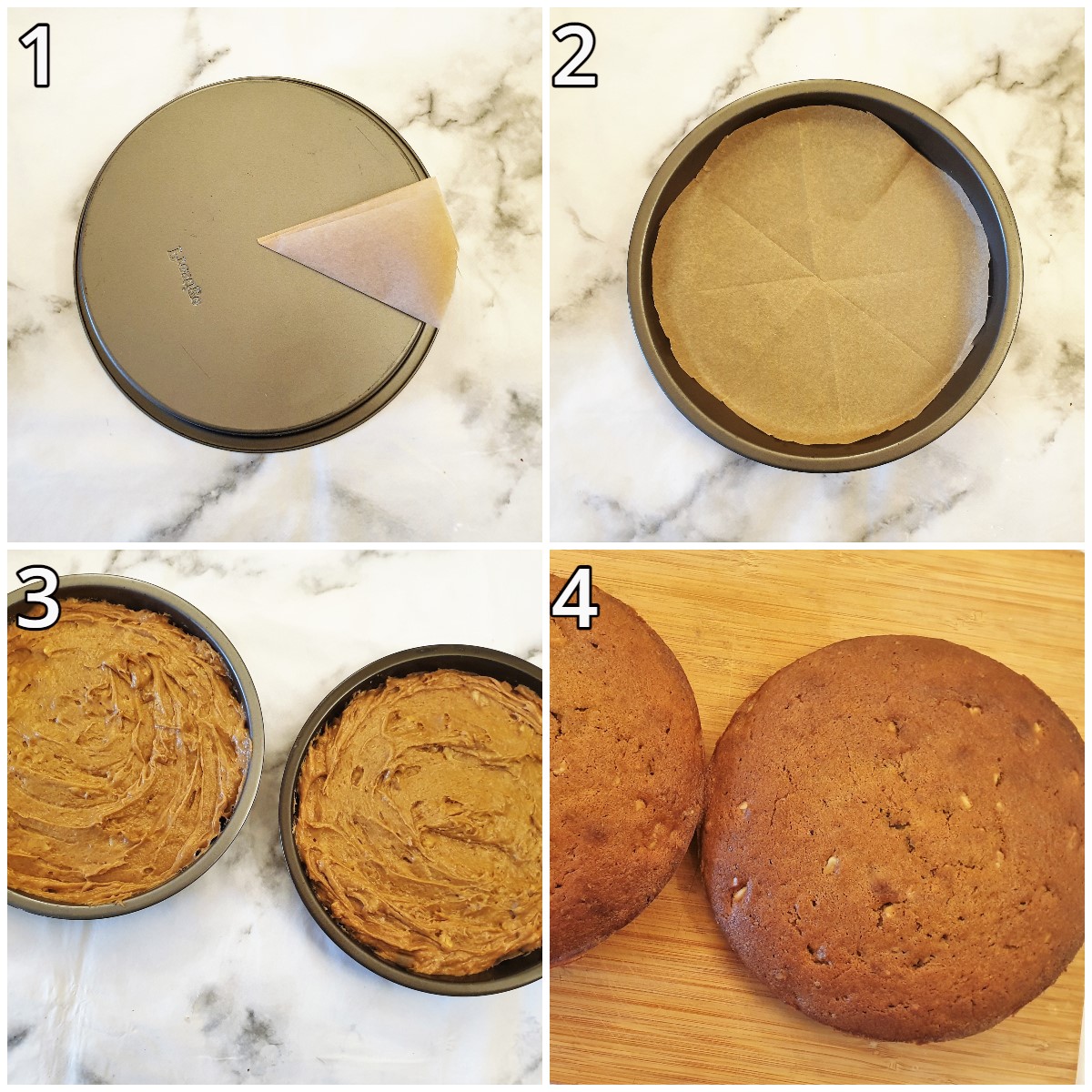 Steps for lining the baking pans and baking the cake.