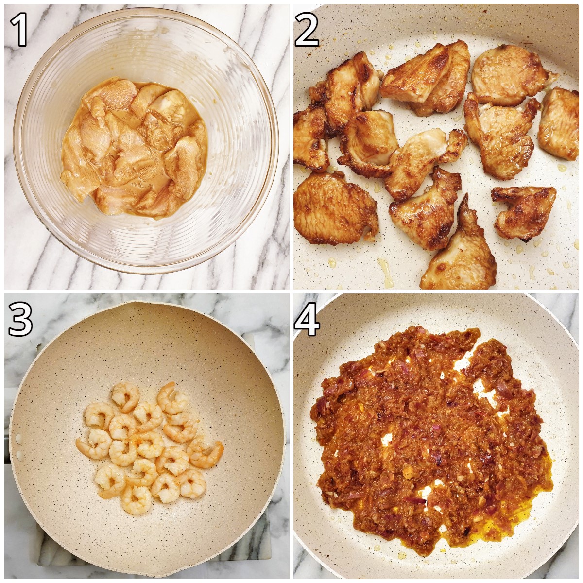 Steps for frying the chicken and prawns.