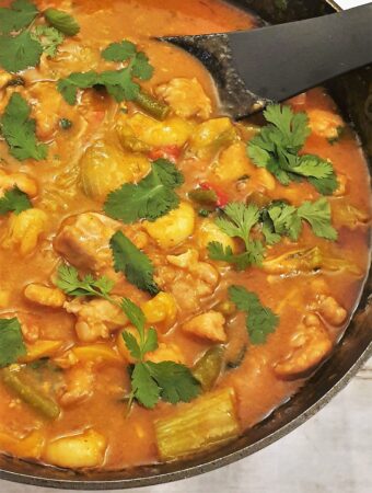 Close up of a pan of Thai red curry sprinkled with coriander.