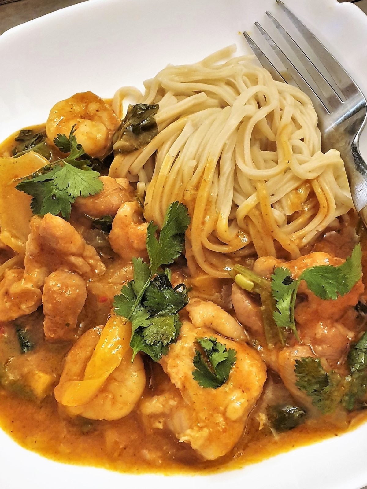 Closeup of a plate of thai red curry with chicken and prawns.