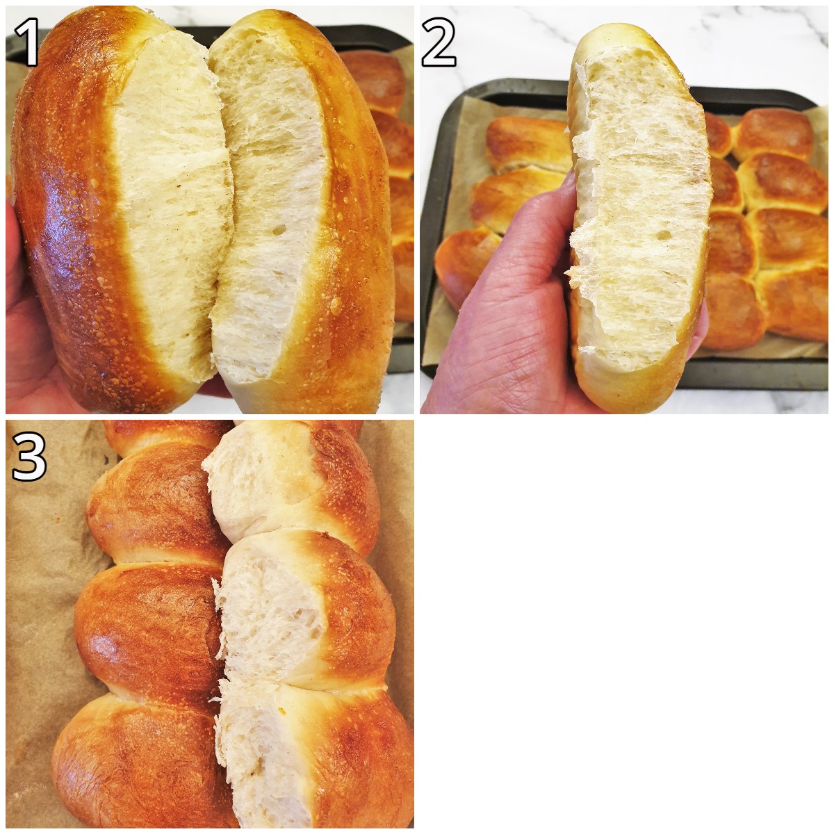 Collage of 3 images showing the inner texture of the rolls.