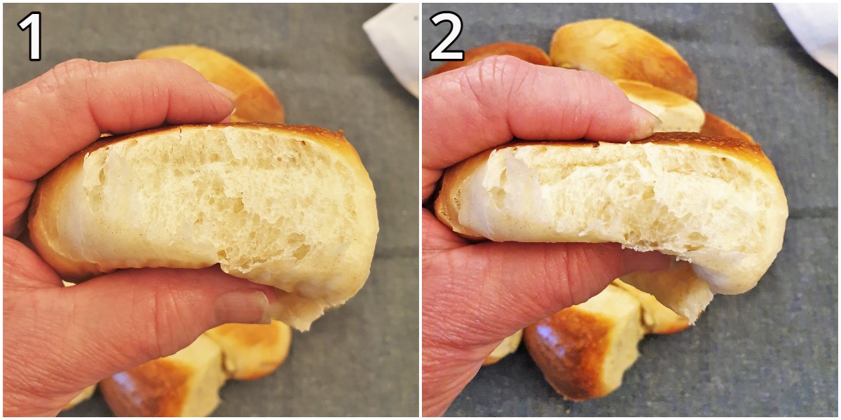 Collage of 2 images showing how soft the hot dog rolls are.