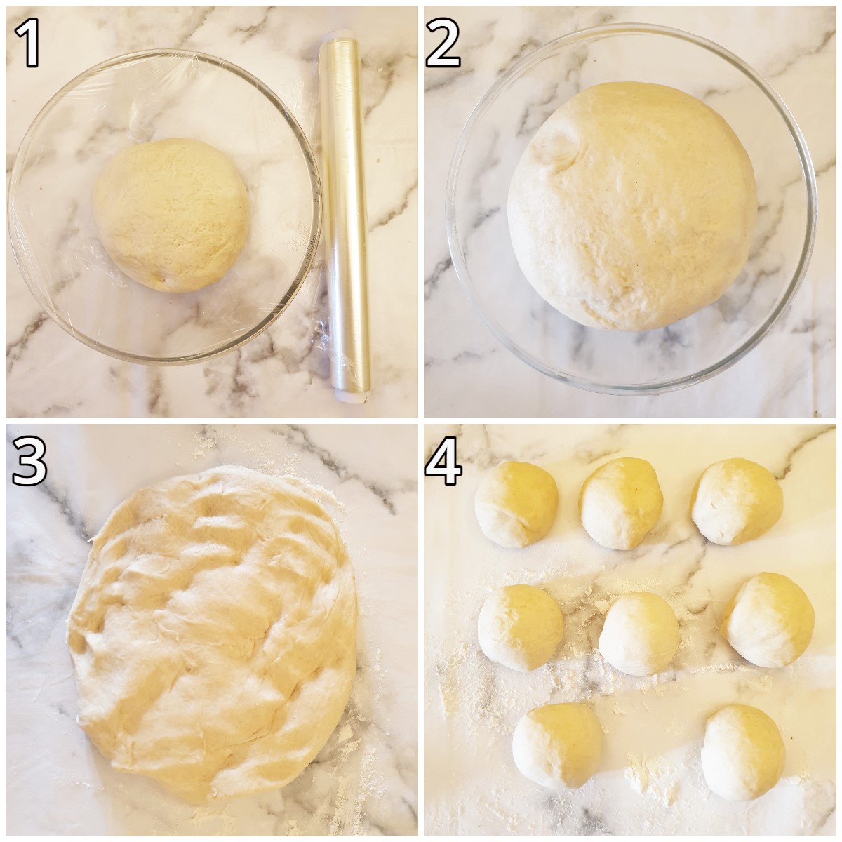 Collage showing the rise of the dough, and how to divide it into balls.