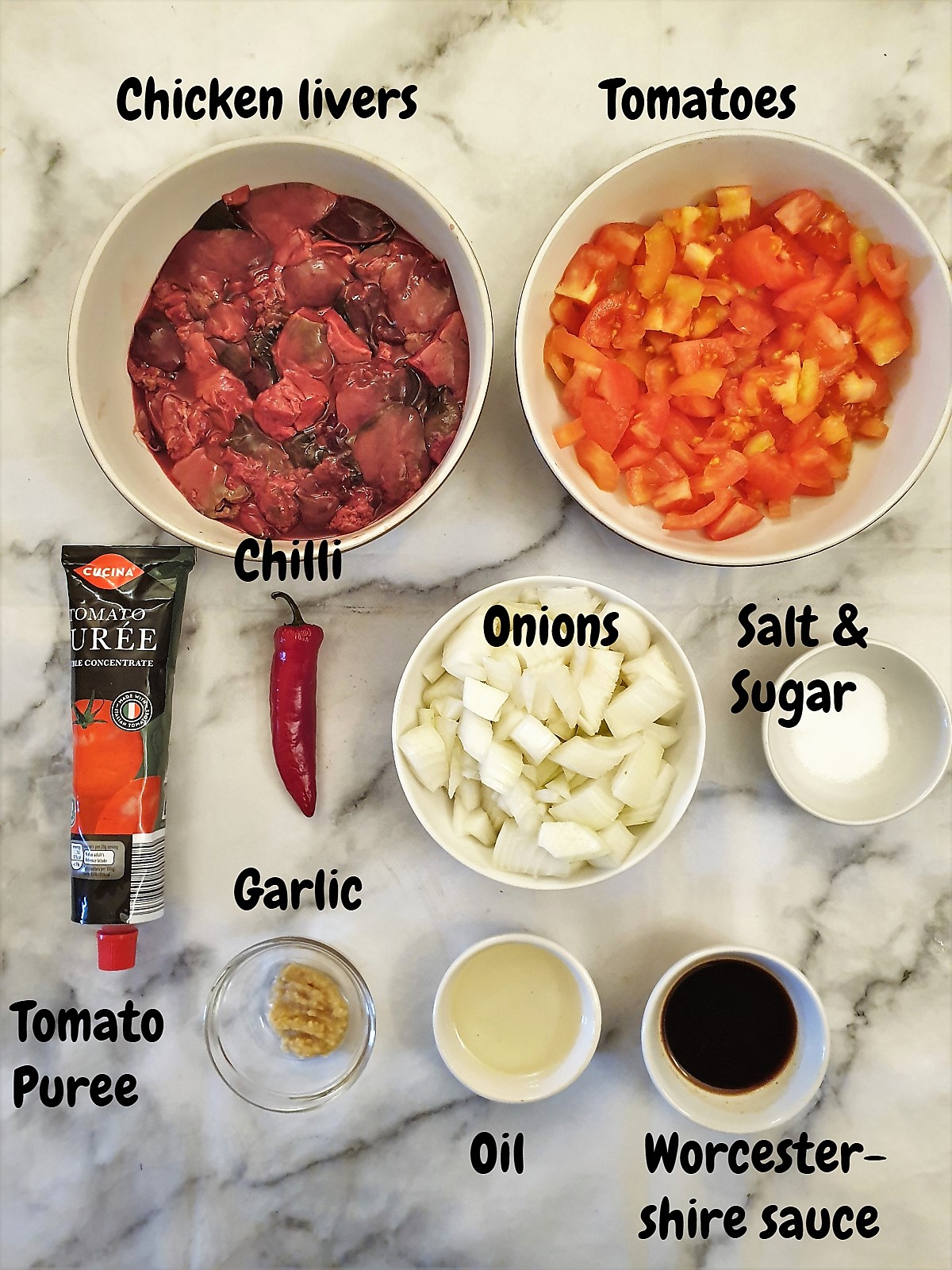 Ingredients for peri peri chicken livers.