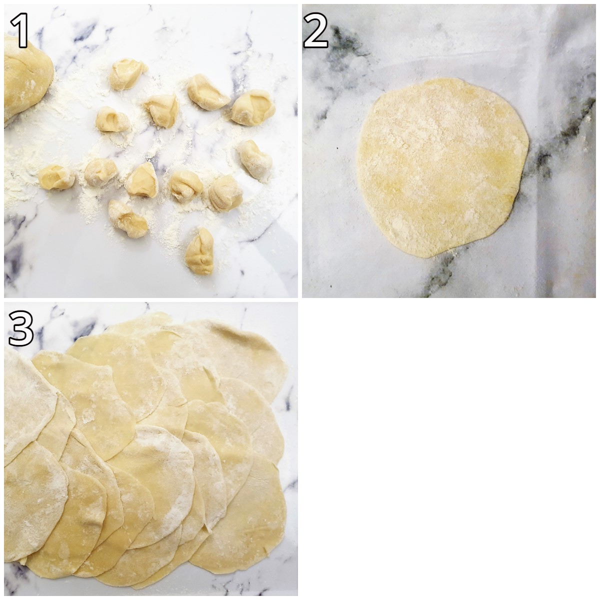 Steps for rolling the dumpling wrappers.