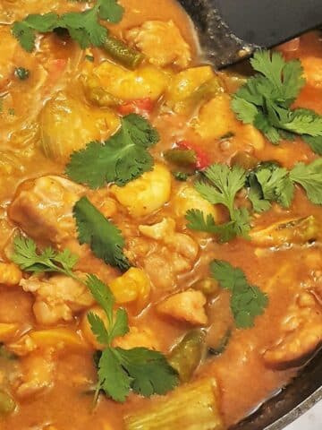 Close up of a pan of Thai red curry sprinkled with coriander.