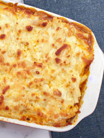 A dish of macaroni and cheese lasagne.