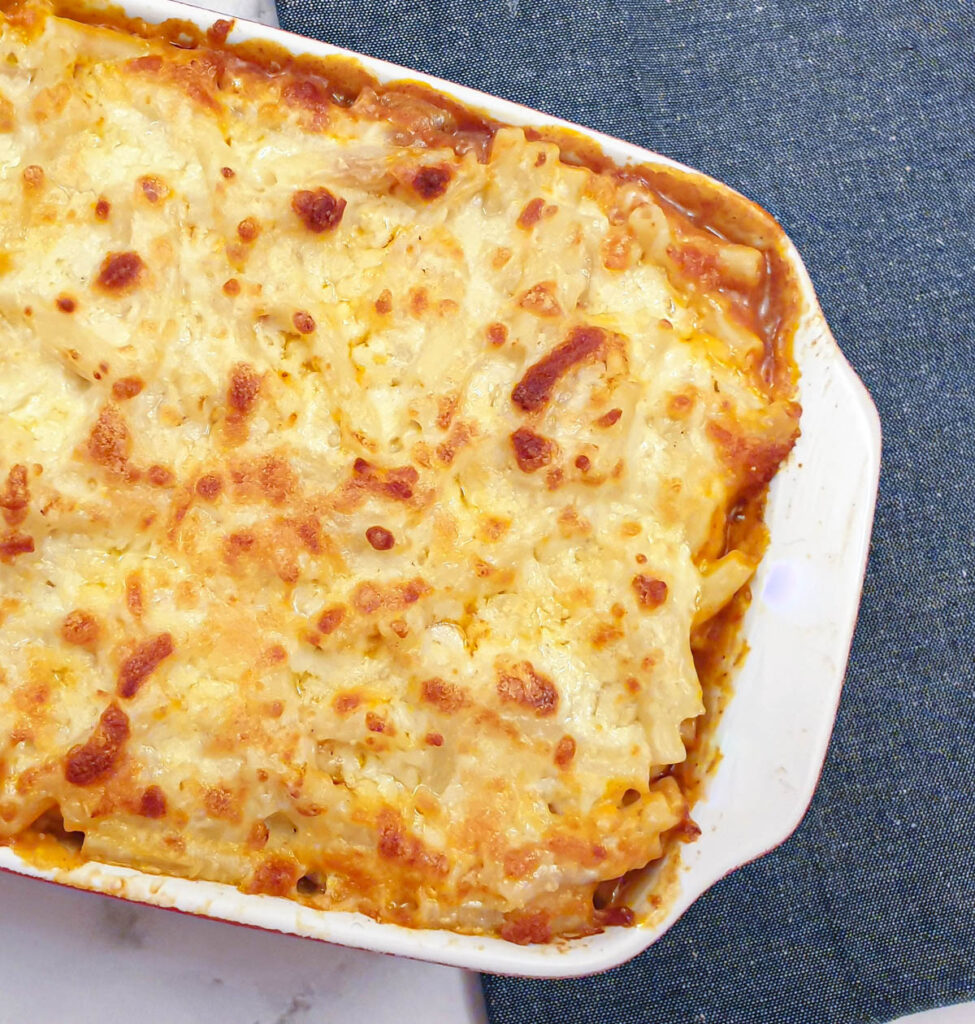 A dish of macaroni and cheese lasagne.