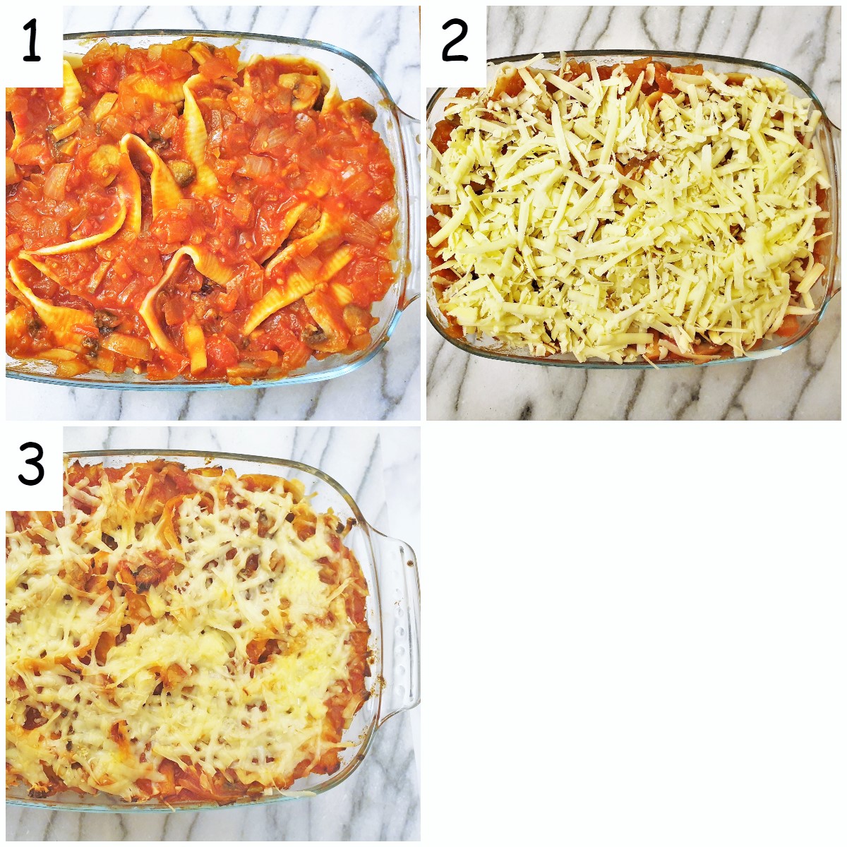 Steps for assembling and baking the meatballs in jumbo pasta shells.